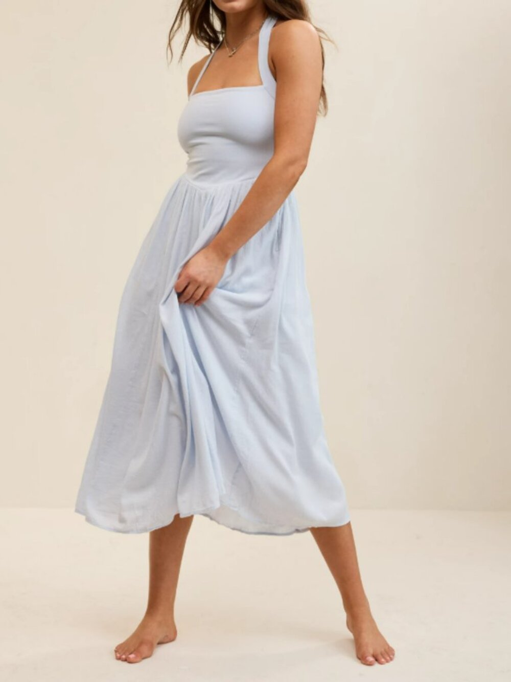 Aerie at the Barre Flowy A-Line Cotton Blend Halter Tie-Neck Midi Dress White